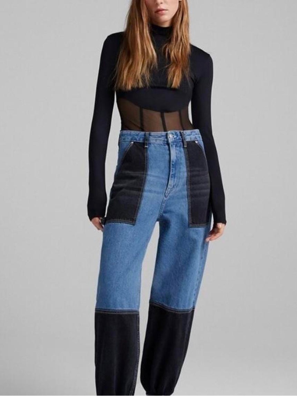Bershka Carpenter Wide Leg Colorblock Jeans